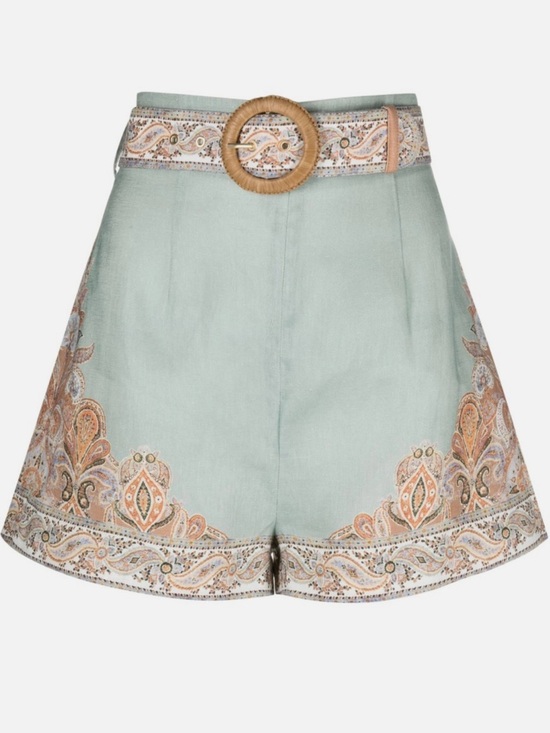 Zimmermann Pants - Zimmermann Devi Mint Paisley High-Waist Shorts with Woven Belt